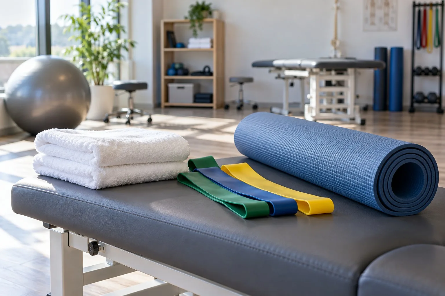 Gefaltete Handtücher, Übungsbänder und gerollte Matte in einer Physiotherapiepraxis.